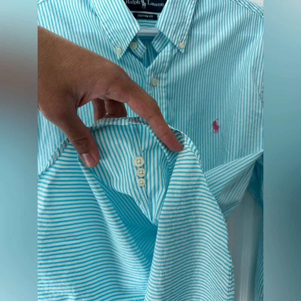 Polo Ralph Lauren Teal White Striped Button Down Dress Shirt L Pink Pony Florida
